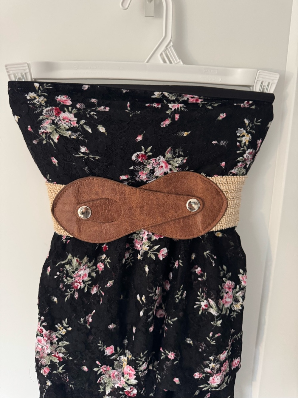 Black Floral Lace Strapless Babydoll Top with Belt